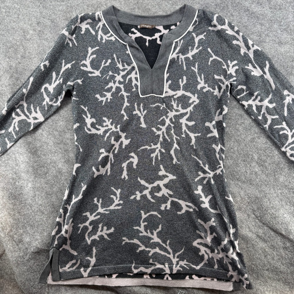J.McLaughlin Knit Top Women‎ M Gray Coral Branch Print 3/4 Sleeve Split Neck